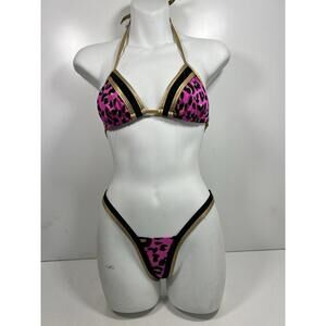 Vintage BODY ZONE Pink Leopard String Bikini 90s/Y2K Triangle Top Thong One Size